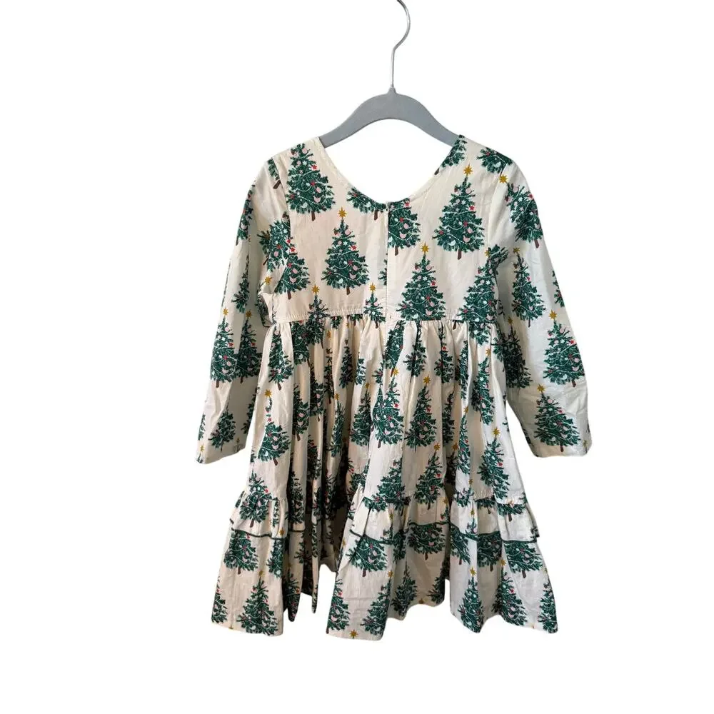 Pink Chicken Girl's Cream Green Christmas Tree A- Line Dress Size 3Y